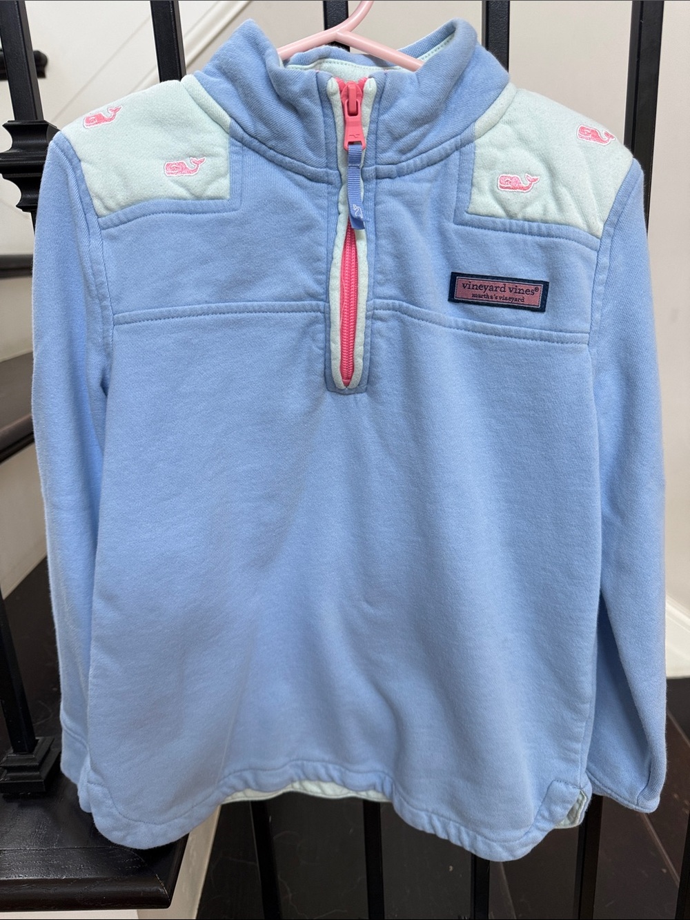 Vineyard Vines Light Blue Fleece Quarter-Zip Pullover with Mint and Pink Accents